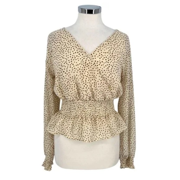 3/$20 bundle deal!!!!! Japna Beige Polka Dot Smocked Blouse - Picture 1 of 4